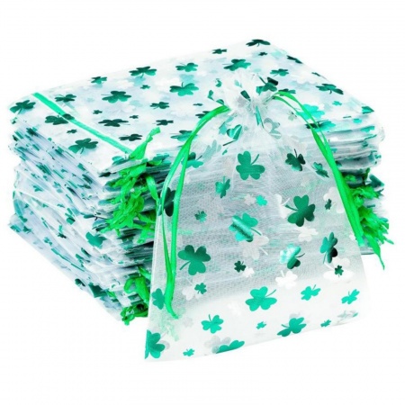 Picture of Polyester Drawstring Storage Bags Rectangle Green Leaf Clover Shamrock