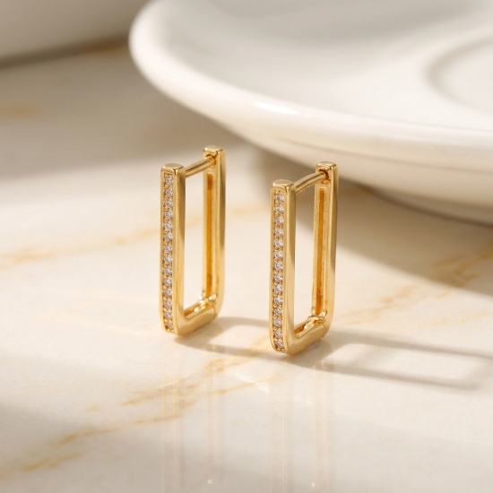 Picture of Wholesale Simple Stylish Huggie Hoop Earrings, Rectangle 18K Real Gold Plated Brass, Women's Eco-friendly Gift Jewelry Supply