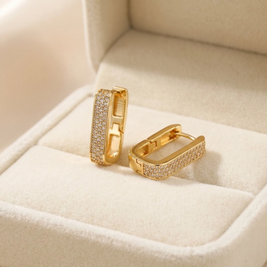 Picture of Wholesale Simple Stylish Huggie Hoop Earrings, Rectangle 18K Real Gold Plated Brass, Women's Eco-friendly Gift Jewelry Supply