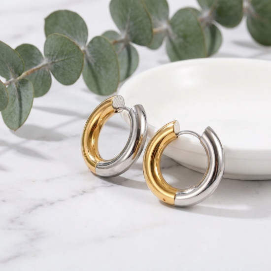 Picture of Wholesale Simple Stylish Hoop Earrings, Two Tone 18K Real Gold Plated & Real Platinum Plated Brass, Unisex Eco-friendly Gift Jewelry Supply