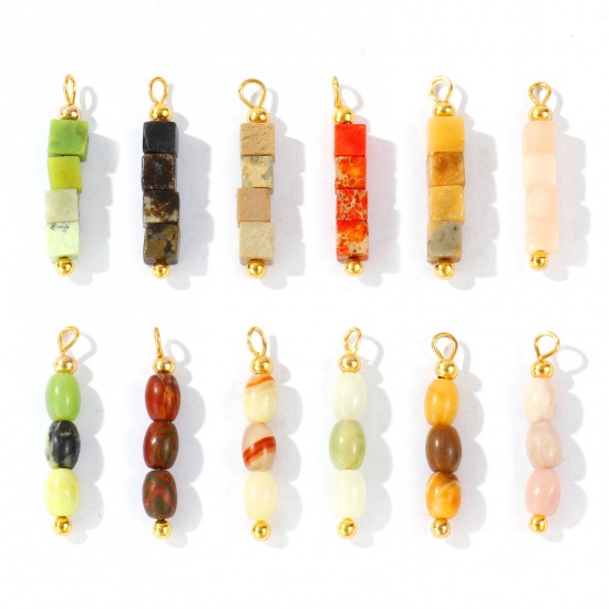 Imagen de 5 Unidades Gema & Latón Colgantes Al Por Mayor 18K Oro Real Chapado Multicolor Cubo Óvalo Con Cuentas 26mm x 4.5mm