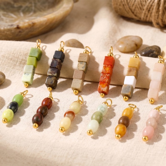Imagen de 5 Unidades Gema & Latón Colgantes Al Por Mayor 18K Oro Real Chapado Multicolor Cubo Óvalo Con Cuentas 26mm x 4.5mm