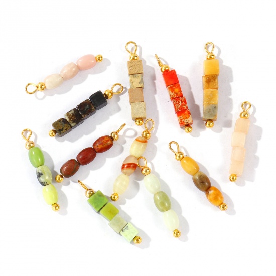 Imagen de 5 Unidades Gema & Latón Colgantes Al Por Mayor 18K Oro Real Chapado Multicolor Cubo Óvalo Con Cuentas 26mm x 4.5mm