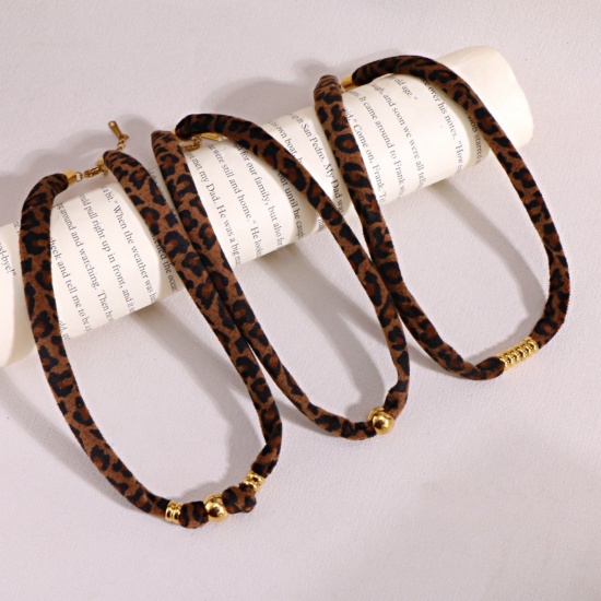 Picture of Wholesale Leopard Print Brown Necklace Choker, 18K Gold Plated 304 Stainless Steel & Polyester Cord, Unisex Eco-friendly PVD Stylish Hip Hop Gift Jewelry For Retailer, 35cm(13.8") + 5cm(2") long