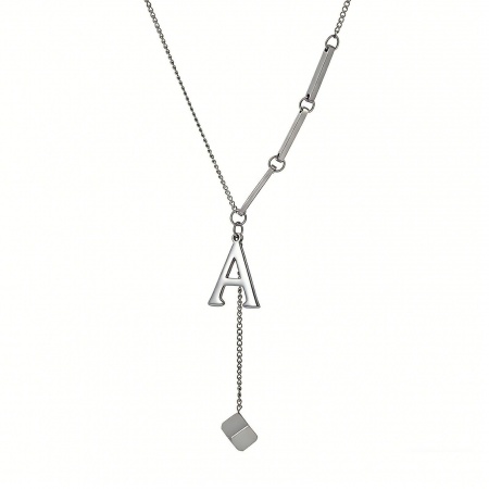 Image de Collier à Breloques En Gros Argent Mat en 304 Acier Inoxydable, Cube Alphabet Initial/ Lettre Majuscule Message " A-Z " Chaîne à Maillons Faite à la Main, Unisexe Élégant & Décontracté Minimaliste Cadeau Bijoux pour Détaillants 45cm + 5cm long, 1 Pièce