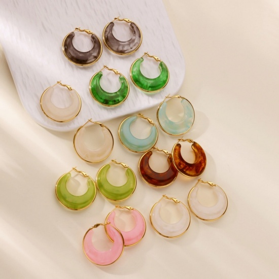 Picture of Wholesale Stylish Dainty Hoop Earrings, Multicolor 18K Gold Plated 304 Stainless Steel & Resin, Women's Gift Jewelry Supply, 36mm x 18mm