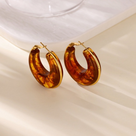 Picture of Wholesale Stylish Dainty Hoop Earrings, Multicolor 18K Gold Plated 304 Stainless Steel & Resin, Women's Gift Jewelry Supply, 36mm x 18mm