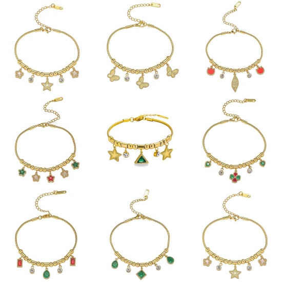 Picture of Wholesale Enamel Multicolor Rhinestone 304 Stainless Steel Snake Chain Charm Bracelets, 18K Gold Plated Eco-friendly PVD, Women's Creative Stylish Gift Jewelry Supply, 18cm(7.1") + 7cm(2.8") long