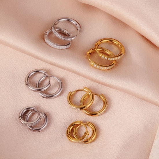 Picture of Wholesale Stylish Minimalist Huggie Hoop Earrings, Round Clear Rhinestone Multicolor 316 Stainless Steel, Unisex Eco-friendly PVD Gift Jewelry Supply