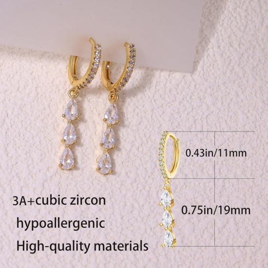 Picture of Wholesale Stylish Dainty Hoop Earrings, Drop Tassel Clear Cubic Zirconia Brass, Women's Gift Jewelry Supply, 3cm