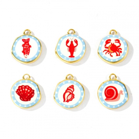 Imagen de 2 Unidades Respetuoso del Medio Ambiente Latón Colgantes Al Por Mayor 18K Oro Real Chapado Rojo & Azul Ronda Impreso 16mm x 14mm