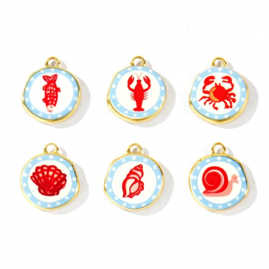 Imagen de 2 Unidades Respetuoso del Medio Ambiente Latón Colgantes Al Por Mayor 18K Oro Real Chapado Rojo & Azul Ronda Impreso 16mm x 14mm