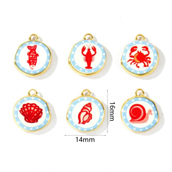 Imagen de 2 Unidades Respetuoso del Medio Ambiente Latón Colgantes Al Por Mayor 18K Oro Real Chapado Rojo & Azul Ronda Impreso 16mm x 14mm