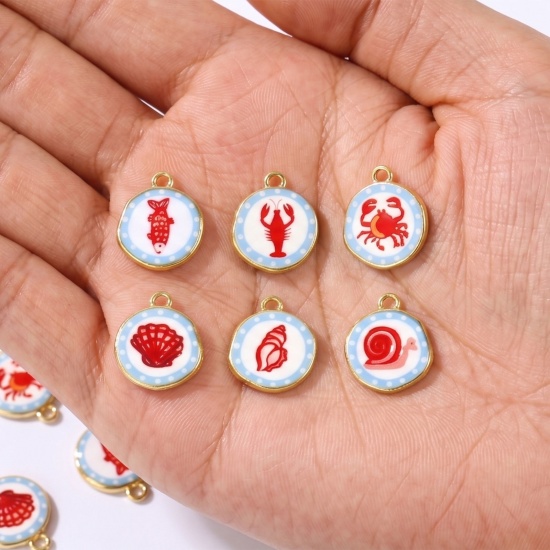 Imagen de 2 Unidades Respetuoso del Medio Ambiente Latón Colgantes Al Por Mayor 18K Oro Real Chapado Rojo & Azul Ronda Impreso 16mm x 14mm