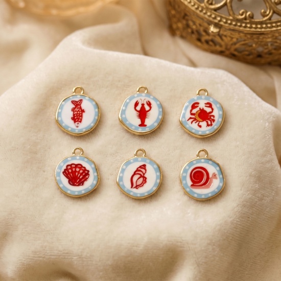Imagen de 2 Unidades Respetuoso del Medio Ambiente Latón Colgantes Al Por Mayor 18K Oro Real Chapado Rojo & Azul Ronda Impreso 16mm x 14mm