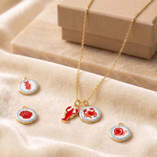 Imagen de 2 Unidades Respetuoso del Medio Ambiente Latón Colgantes Al Por Mayor 18K Oro Real Chapado Rojo & Azul Ronda Impreso 16mm x 14mm