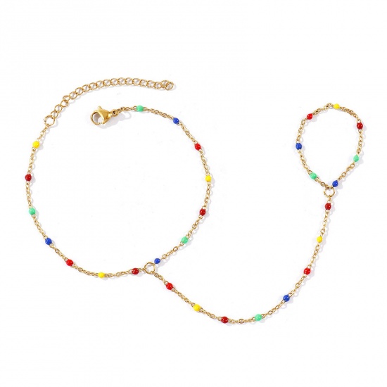 Picture of Wholesale Enamel 304 Stainless Steel Link Cable Chain Hand Chain Slave Finger Ring Bracelet, 18K Real Gold Plated Eco-friendly PVD Waterproof Anti-Tarnish Hypoallergenic, Women's Stylish Exquisite Gift Jewelry Supply, 18cm(7.1") + 5cm(2") long, 1 Piece