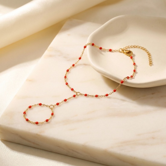 Picture of Wholesale Enamel 304 Stainless Steel Link Cable Chain Hand Chain Slave Finger Ring Bracelet, 18K Real Gold Plated Eco-friendly PVD Waterproof Anti-Tarnish Hypoallergenic, Women's Stylish Exquisite Gift Jewelry Supply, 18cm(7.1") + 5cm(2") long, 1 Piece