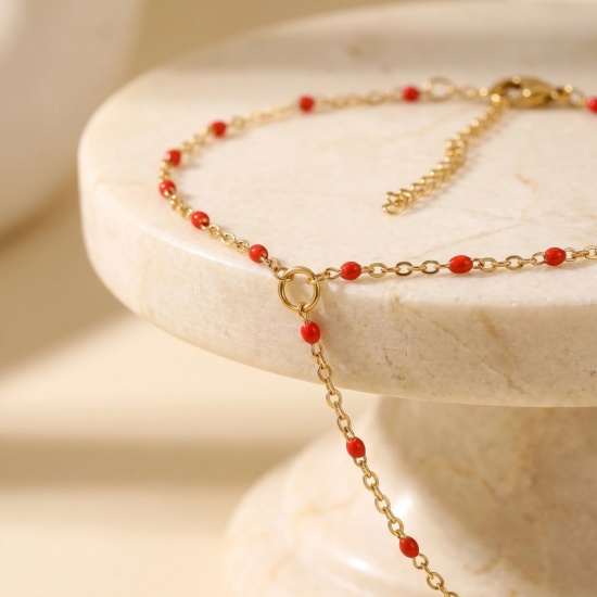 Picture of Wholesale Enamel 304 Stainless Steel Link Cable Chain Hand Chain Slave Finger Ring Bracelet, 18K Real Gold Plated Eco-friendly PVD Waterproof Anti-Tarnish Hypoallergenic, Women's Stylish Exquisite Gift Jewelry Supply, 18cm(7.1") + 5cm(2") long, 1 Piece