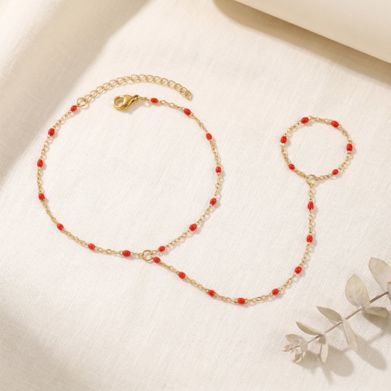 Picture of Wholesale Enamel 304 Stainless Steel Link Cable Chain Hand Chain Slave Finger Ring Bracelet, 18K Real Gold Plated Eco-friendly PVD Waterproof Anti-Tarnish Hypoallergenic, Women's Stylish Exquisite Gift Jewelry Supply, 18cm(7.1") + 5cm(2") long, 1 Piece