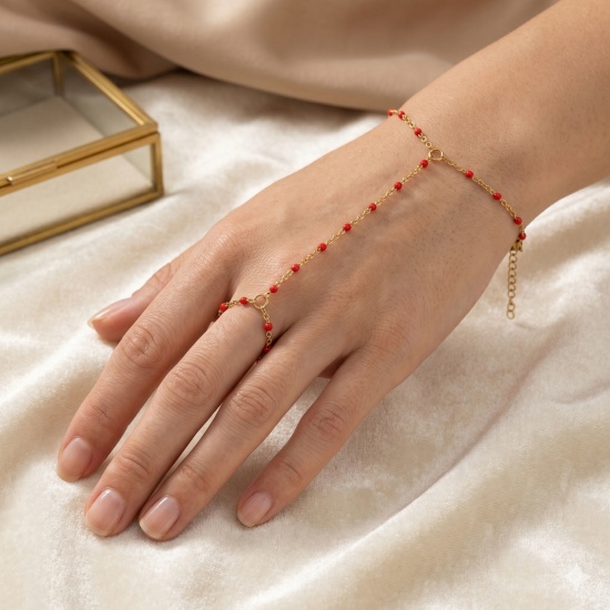 Picture of Wholesale Enamel 304 Stainless Steel Link Cable Chain Hand Chain Slave Finger Ring Bracelet, 18K Real Gold Plated Eco-friendly PVD Waterproof Anti-Tarnish Hypoallergenic, Women's Stylish Exquisite Gift Jewelry Supply, 18cm(7.1") + 5cm(2") long, 1 Piece