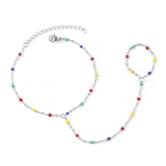 Immagine di Smalto 304 Acciaio Inossidabile Catena a Cavo Bracciale anello di mano catena Slave All'Ingrosso, Tono Argento Ecologico, Donne Elegante Squisito Regalo Fornitura di Gioielli, 18cm + 5cm Lunghezza, 1 Pz