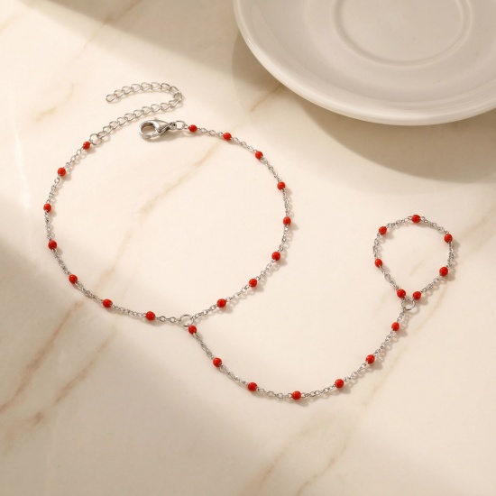 Immagine di Smalto 304 Acciaio Inossidabile Catena a Cavo Bracciale anello di mano catena Slave All'Ingrosso, Tono Argento Ecologico, Donne Elegante Squisito Regalo Fornitura di Gioielli, 18cm + 5cm Lunghezza, 1 Pz