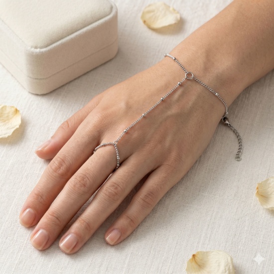 Picture of Wholesale 304 Stainless Steel Hand Chain Slave Finger Ring Bracelet, Eco-friendly, Women's Stylish Exquisite Gift Jewelry Supply, 18cm(7.1") + 5cm(2") long, 1 Piece