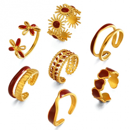 Picture of Wholesale Women's Gift Red Enamel Open Adjustable Rings, 18K Gold Plated 304 Stainless Steel, Eco-friendly PVD Exquisite Stylish Jewelry Supply, 17mm(US Size 6.5)