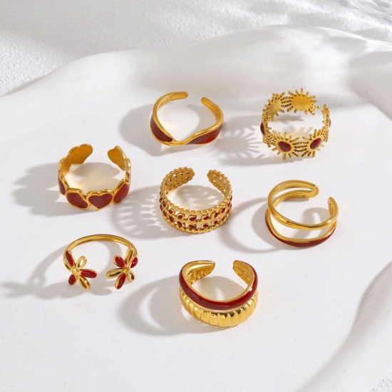 Picture of Wholesale Women's Gift Red Enamel Open Adjustable Rings, 18K Gold Plated 304 Stainless Steel, Eco-friendly PVD Exquisite Stylish Jewelry Supply, 17mm(US Size 6.5)