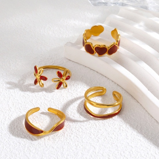 Picture of Wholesale Women's Gift Red Enamel Open Adjustable Rings, 18K Gold Plated 304 Stainless Steel, Eco-friendly PVD Exquisite Stylish Jewelry Supply, 17mm(US Size 6.5)