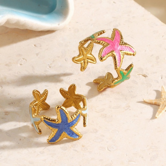 Picture of Wholesale Women's Gift Starfish Open Adjustable Rings, 18K Gold Plated 304 Stainless Steel, Eco-friendly PVD Ocean Jewelry Stylish Jewelry Supply, 18mm(US Size 7.75)