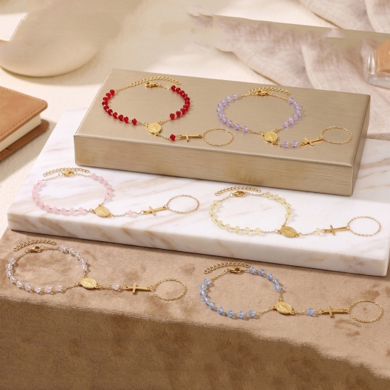 Image de Bracelet Esclave Chaîne à Main En Gros Plaqué Or 18K en Plastique & 304 Acier Inoxydable, Croix Sainte Vierge Marie Chaîne Perlée Placage Sous Vide Écologique, aux Femmes Religieux Vintage Cadeau Fournitures de Bijoux 18cm + 3cm long, 1 Pièce