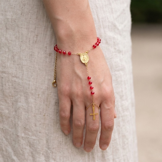 Image de Bracelet Esclave Chaîne à Main En Gros Plaqué Or 18K en Plastique & 304 Acier Inoxydable, Croix Sainte Vierge Marie Chaîne Perlée Placage Sous Vide Écologique, aux Femmes Religieux Vintage Cadeau Fournitures de Bijoux 18cm + 3cm long, 1 Pièce