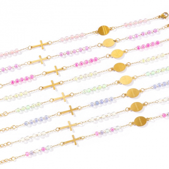 Picture of Wholesale Cross Virgin Mary Plastic & 304 Stainless Steel Beaded Chain Bracelets, 18K Gold Plated Eco-friendly Vacuum Plating, Women's Religious Retro Gift Jewelry Supply, 17cm(6.7") + 5cm(2") long