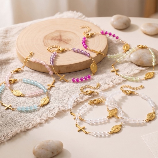 Picture of Wholesale Cross Virgin Mary Plastic & 304 Stainless Steel Beaded Chain Bracelets, 18K Gold Plated Eco-friendly Vacuum Plating, Women's Religious Retro Gift Jewelry Supply, 17cm(6.7") + 5cm(2") long