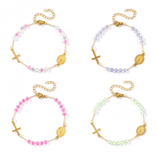Picture of Wholesale Cross Virgin Mary Plastic & 304 Stainless Steel Beaded Chain Anklet, 18K Gold Plated Vacuum Plating, Women's Religious Retro Gift Jewelry Supply, 22cm(8.7") + 5cm(2") long