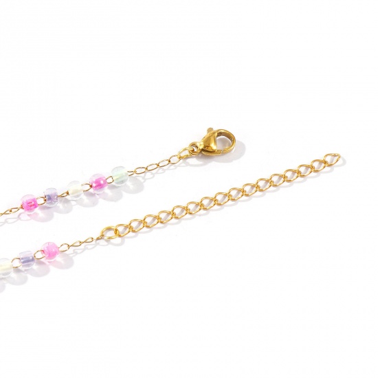 Picture of Wholesale Cross Virgin Mary Plastic & 304 Stainless Steel Beaded Chain Anklet, 18K Gold Plated Vacuum Plating, Women's Religious Retro Gift Jewelry Supply, 22cm(8.7") + 5cm(2") long
