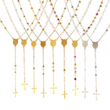 Image de Collier Chapelet de Perles de Prière En Gros Doré en Plastique & 304 Acier Inoxydable, Croix Sainte Vierge Marie Chaîne Perlée, aux Femmes Respectueux de la Nature Religieux Vintage Cadeau Bijoux pour Détaillants 1 Pièce