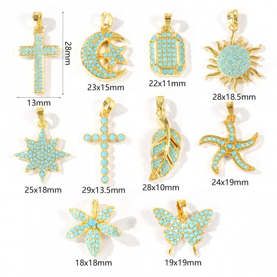 Imagen de 2 Unidades Latón Colgantes Charms Al Por Mayor 18K Oro Real Chapado Azul Circón Artificial