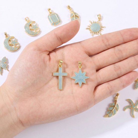 Imagen de 2 Unidades Latón Colgantes Charms Al Por Mayor 18K Oro Real Chapado Azul Circón Artificial