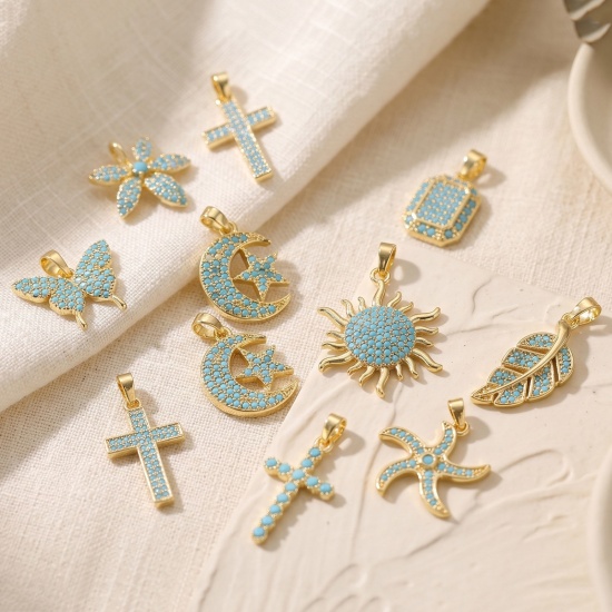 Imagen de 2 Unidades Latón Colgantes Charms Al Por Mayor 18K Oro Real Chapado Azul Circón Artificial