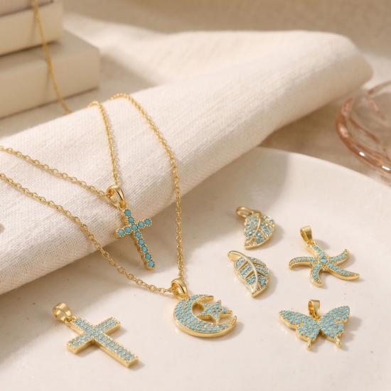 Imagen de 2 Unidades Latón Colgantes Charms Al Por Mayor 18K Oro Real Chapado Azul Circón Artificial