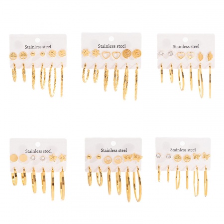 Picture of Wholesale Classic Simple & Casual Ear Post Stud Earrings Set, 18K Gold Plated 304 Stainless Steel, Women's Gift Jewelry Supply, 1 Pack ( 12 PCs/Set)