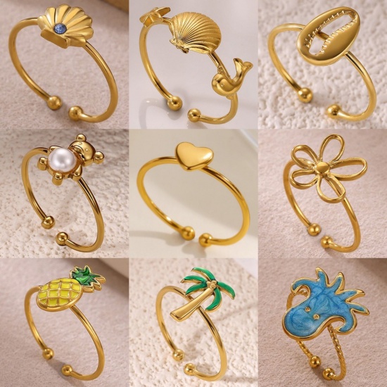 Bild von Großhandel Frauen Geschenk Offen Ring, 18K Echtgold plattiert 304 Edelstahl, PVD Ozean Schmuck Süß Schmuckbedarf, 18mm (US Größe 7.75)