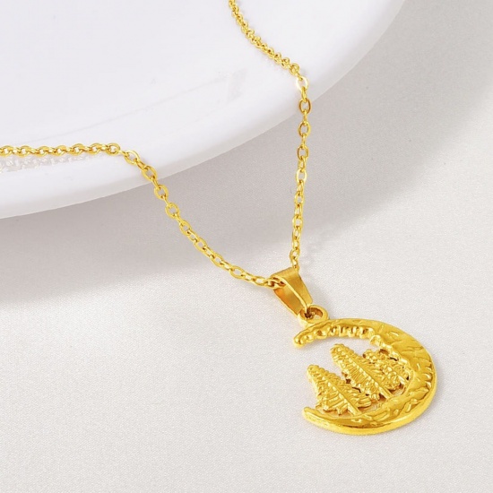 Immagine di Luna Albero Collana con Ciondolo All'Ingrosso, Multicolore 304 Acciaio Inossidabile Catena a Cavo, Donne PVD Elegante & Casual Minimalista Regalo Gioielli Per Rivenditore, 40cm + 5cm Lunghezza, 1 Pz