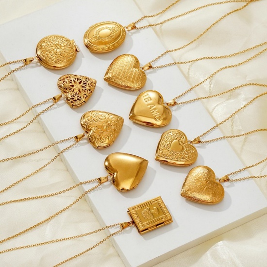 Picture of Wholesale Geometric Pendant Charm Necklace, 18K Gold Plated 304 Stainless Steel Link Cable Chain, Women's PVD Picture Photo Frame Locket Minimalist Gift Jewelry For Retailer, 40cm(15.7") + 5cm(2") long