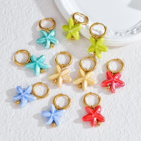 Immagine di Gioielli Oceanici Pastorale Naturale Orecchino All'Ingrosso, Tondo Placcato Oro 18K 304 Acciaio Inossidabile & Ceramica, Donne PVD Regalo Fornitura di Gioielli, 1 Paio