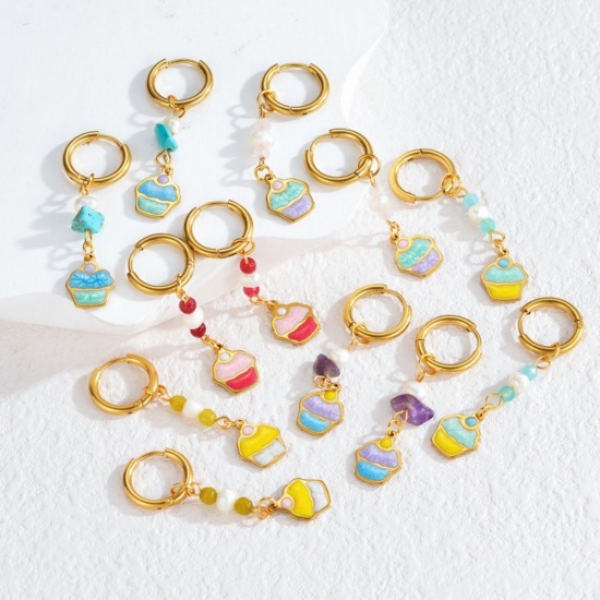 Immagine di Gioielli Oceanici Pastorale Naturale Orecchino All'Ingrosso, Tondo Placcato Oro 18K 304 Acciaio Inossidabile & Ceramica, Donne PVD Regalo Fornitura di Gioielli, 1 Paio