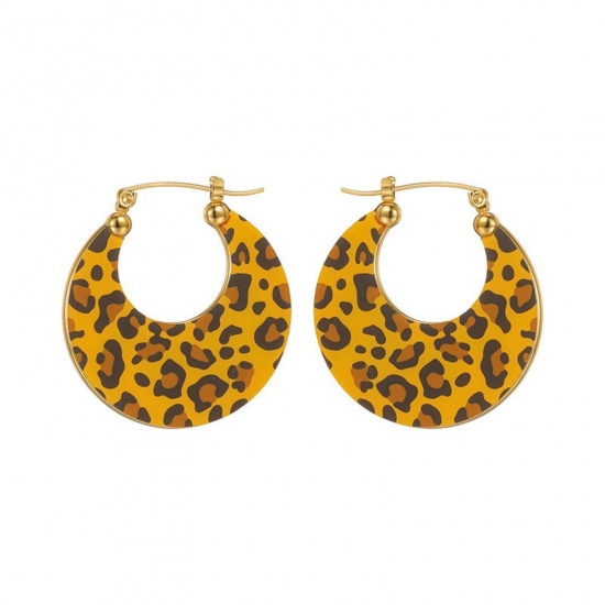Picture of Wholesale Ins Style Stylish Hoop Earrings, Round Leopard Print Multicolor Printed 18K Gold Plated 304 Stainless Steel, Women's Eco-friendly Vacuum Plating Gift Jewelry Supply, 3.6cm x 3.4cm, 1 Pair